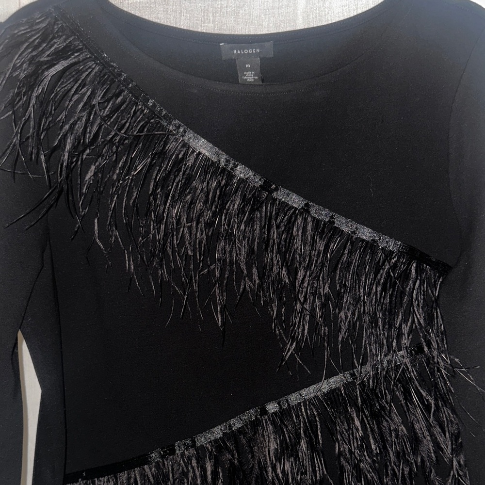 Halogen Black Dress with Feather Accents
